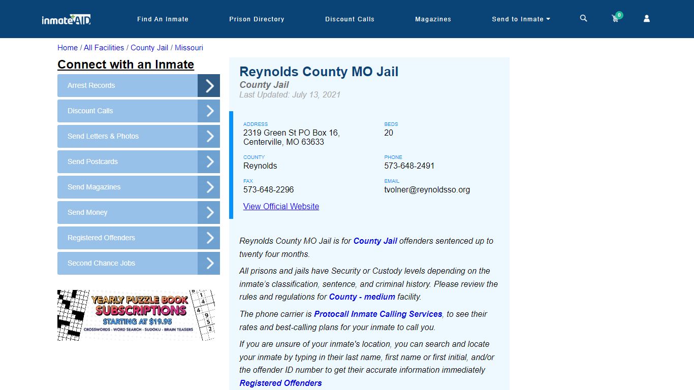 Reynolds County MO Jail - Inmate Locator